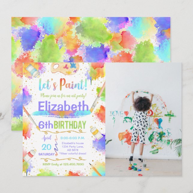 Colourful Let's Paint Art Birthday Party Photo Invitation (Front/Back)