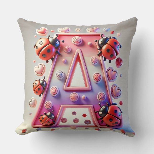 Colourful Letter 'A' Surrounded by Ladybugs Cushion (Front)