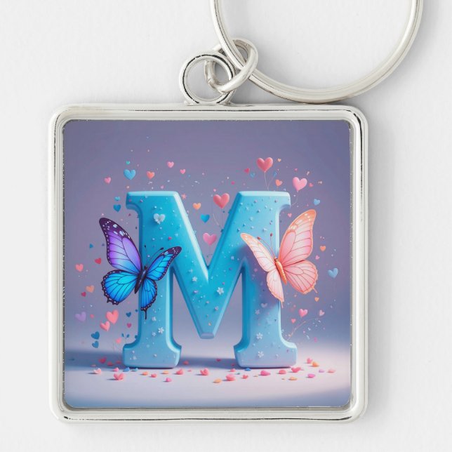 Colourful Letter M with Butterflies Key Ring (Front)