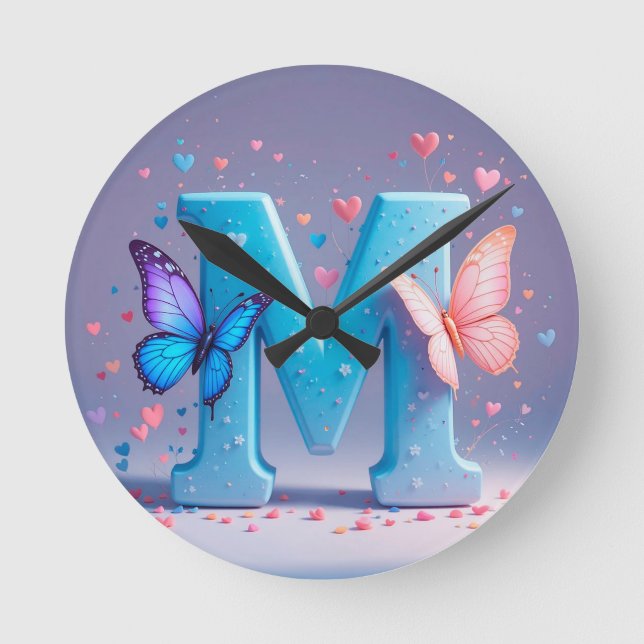 Colourful Letter M with Butterflies Round Clock (Front)