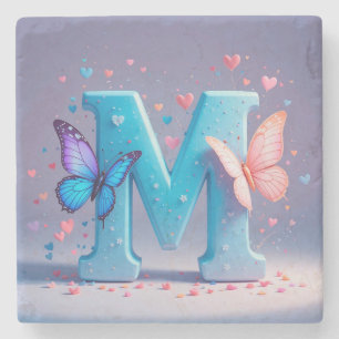 Colourful Letter M with Butterflies Stone Coaster