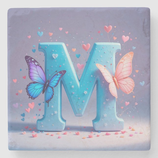 Colourful Letter M with Butterflies Stone Coaster (Front)