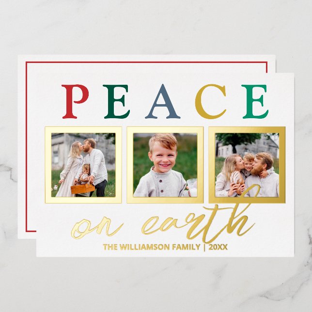 Colourful Letters 3 Photo Chic Peace On Earth Gold Foil Holiday Card (Front/Back)