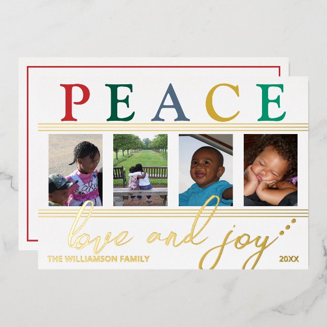 Colourful Letters 4 Photo Chic Peace Love Joy Gold Foil Holiday Card (Front/Back)