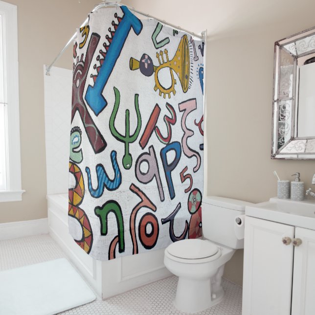 Colourful Letters and Numbers Shower Curtain (In Situ)