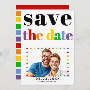 Colourful letters, dots and stripes black gay phot save the date
