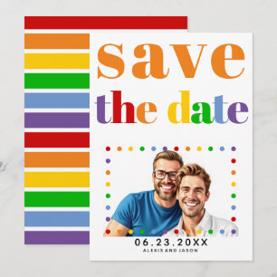 Colourful letters dots and stripes orange gay phot save the date