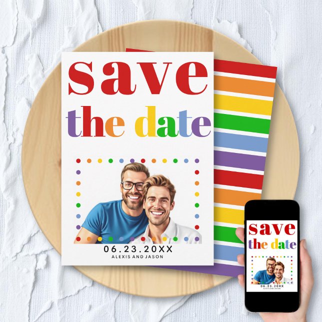 Colourful letters, dots and stripes red gay photo save the date (Creator Uploaded)