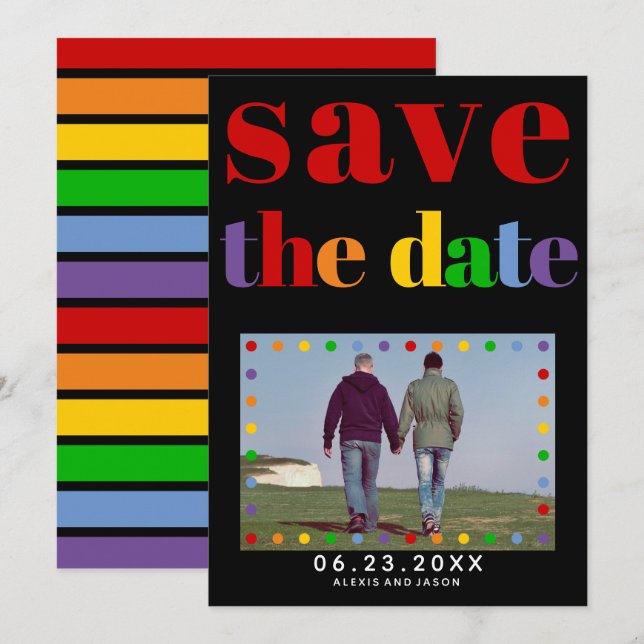 Colourful letters dots, stripes black red gay phot save the date (Front/Back)