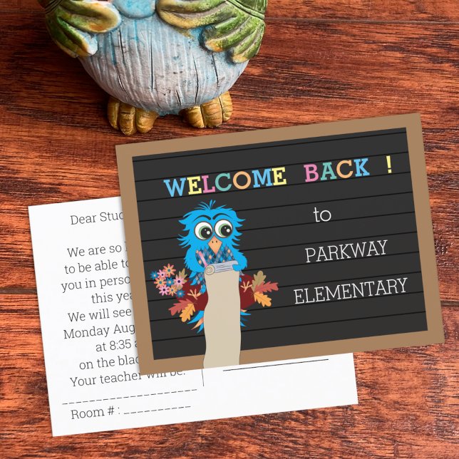 Colourful Letters Welcome Back To School Postcard (Blue owl welcome back to school postcard .)