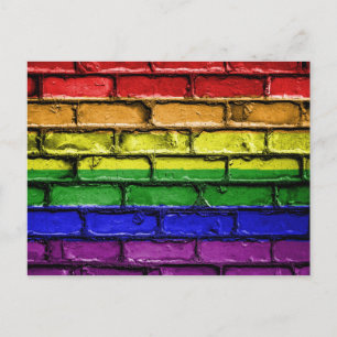 Colourful LGBT rainbow pride flag brick wall Postcard