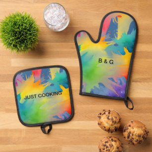 colourful lgbtq rainbow oven mitt & pot holder set