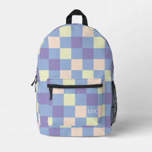 Colourful Light Blue Chequerboard Monogram Initial Printed Backpack