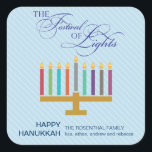 Colourful Light Blue Menorah Hanukkah Square Sticker<br><div class="desc">Here's a fun graphic look for a Hanukkah sticker. A colourful menorah highlights a striped pale blue panel with an ornate "Festival of Lights" in a typographic treatment above. A special customised message goes underneath. Great as envelope seals or for sticking on holiday packages or gifts. Available in alternate colours...</div>