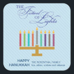 Colourful Light Blue Menorah Hanukkah Square Sticker<br><div class="desc">Here's a fun graphic look for a Hanukkah sticker. A colourful menorah highlights a striped pale blue panel with an ornate "Festival of Lights" in a typographic treatment above. A special customised message goes underneath. Great as envelope seals or for sticking on holiday packages or gifts. Available in alternate colours...</div>