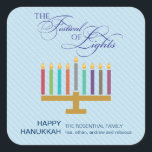 Colourful Light Blue Menorah Hanukkah Square Sticker<br><div class="desc">Here's a fun graphic look for a Hanukkah sticker. A colourful menorah highlights a striped pale blue panel with an ornate "Festival of Lights" in a typographic treatment above. A special customised message goes underneath. Great as envelope seals or for sticking on holiday packages or gifts. Available in alternate colours...</div>