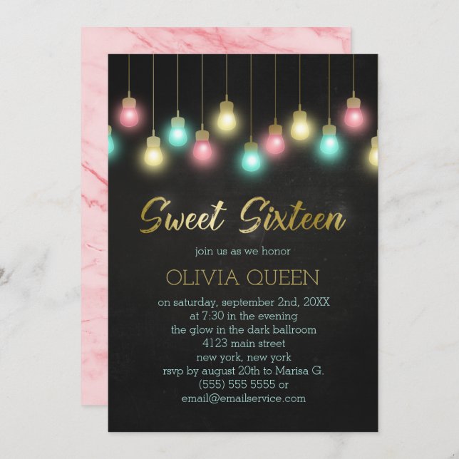 Colourful Light Bulbs Sweet Sixteen Party Invitation (Front/Back)