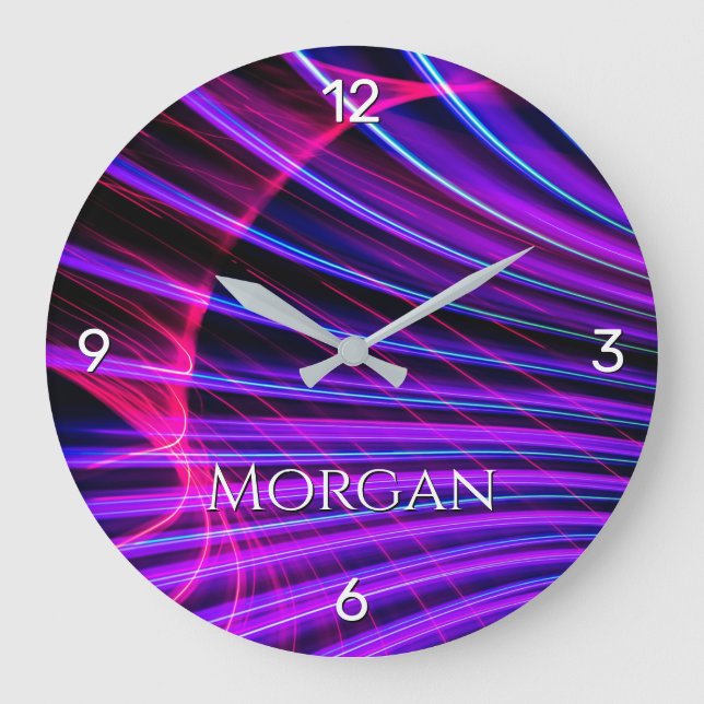 Colourful Light Curve on Black, DIY Name, 4 Number Large Clock (Front)
