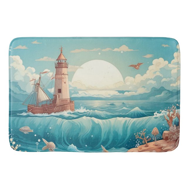 Colourful Lighthouse & Ocean Dreamscape  Bath Mat (Front)