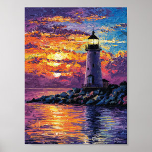 "Colourful Lighthouse Sunset Painting - Ocean-Them Poster