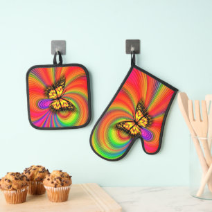 Colourful Lights Flying Gold Butterfly Oven Mitt & Pot Holder Set