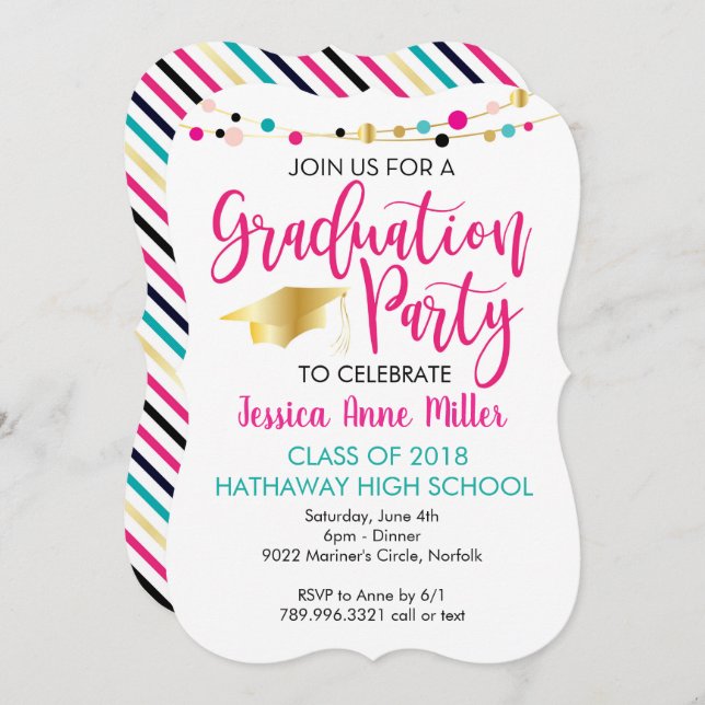 Colourful Lights Pink Gold Graduation Party Invitation (Front/Back)