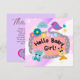 Colourful Lilac Animal Baby Shower Girl Cute Pink Thank You Card