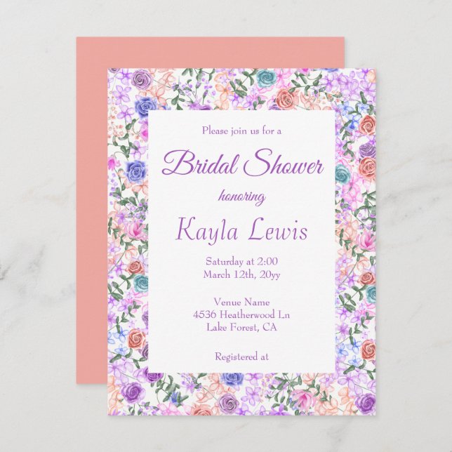Colourful Lilac, Peach, Pink, Blue Bridal Shower Invitation (Front/Back)