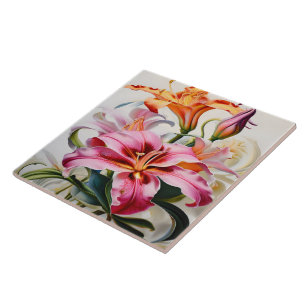 Colourful Lily Blooms on White Background Ceramic Tile