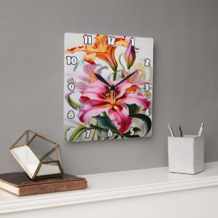Colourful Lily Blooms on White Background Square Wall Clock