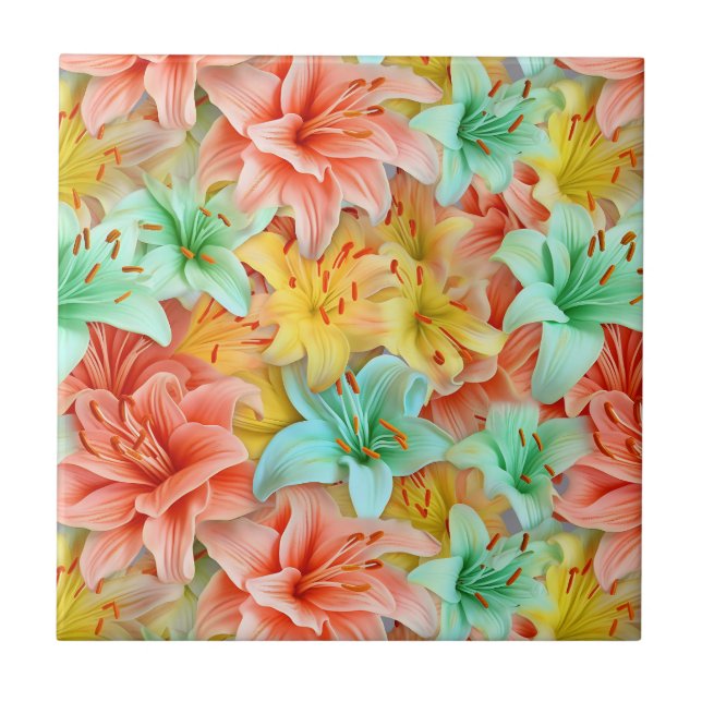 Colourful Lily Flower Seamless Pattern Ceramic Tile (Front)