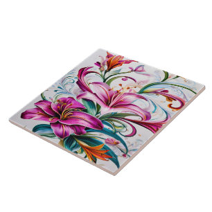 Colourful Lily Flowers in Vibrant Floral Design Ceramic Tile
