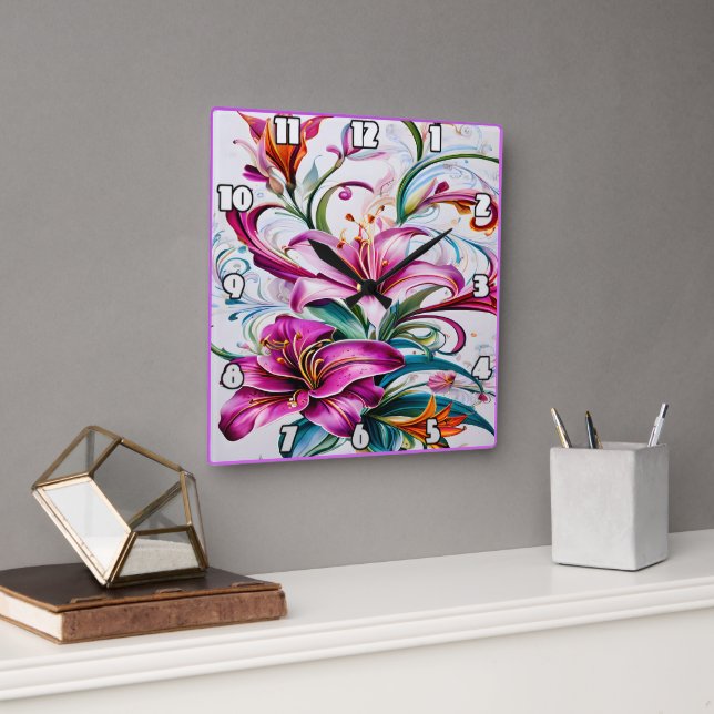 Colourful Lily Flowers in Vibrant Floral Design Square Wall Clock (Office)