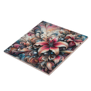 Colourful Lily Patterns With Fractal Design Ceramic Tile