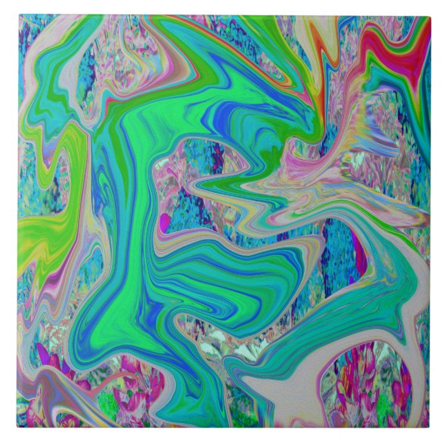 Colourful Lime Green Abstract Retro Liquid Art Ceramic Tile (Front)