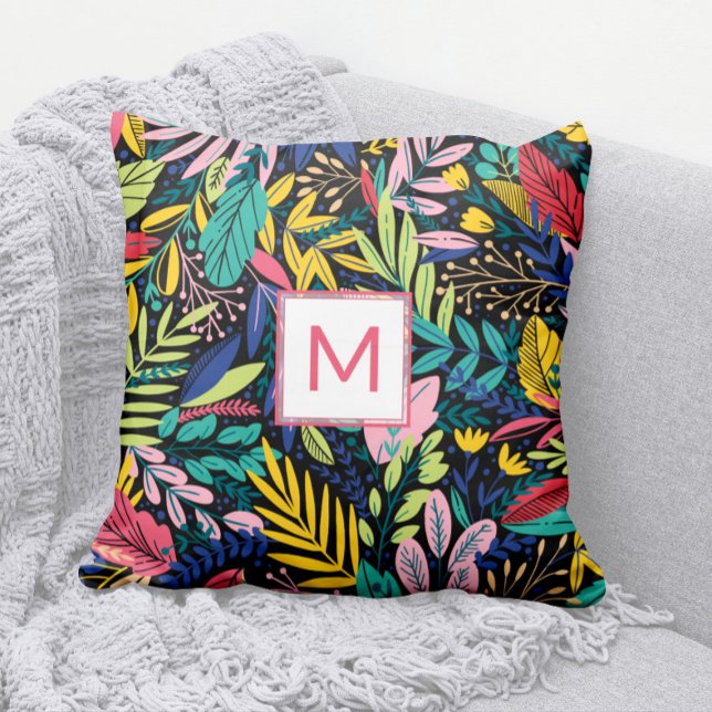 Colourful Line Art Leaves 🌿 Coral Modern Monogram Cushion (Modern Coral Monogram Pillow with Bright, Cheery, Colorful Leaves Pattern)