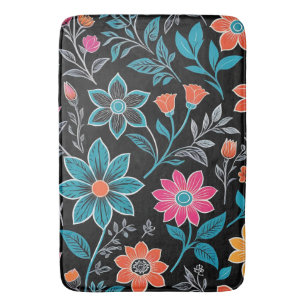 Colourful Linoprint Floral Pattern Bath Mat