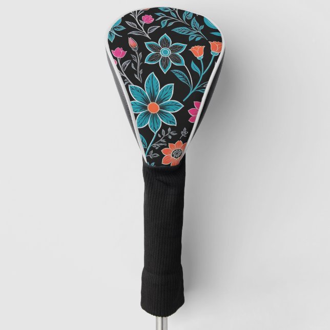 Colourful Linoprint Floral Pattern Golf Head Cover (Front)