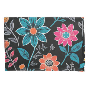Colourful Linoprint Floral Pattern Pillowcase