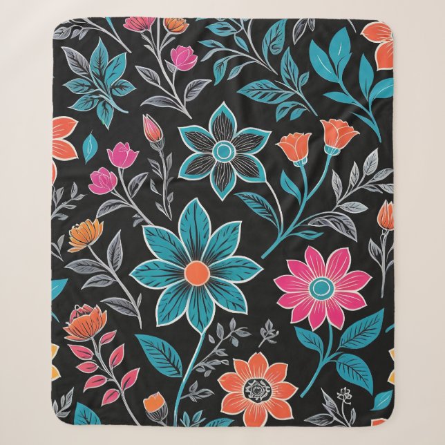 Colourful Linoprint Floral Pattern Sherpa Blanket (Front)