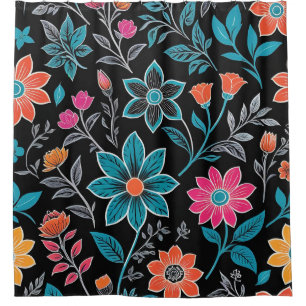 Colourful Linoprint Floral Pattern Shower Curtain