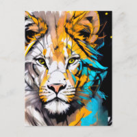 Colourful Lion blue white yellow piercing eyes 5x7