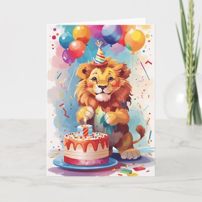 Colourful Lion Celebrating at Celebration Party Card (Front)