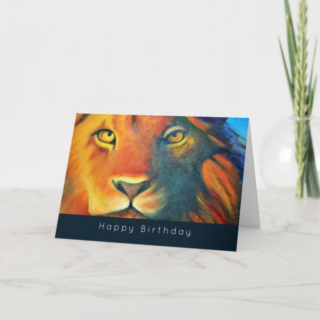 Colourful Lion Head Portrait Oil Painting Birthday Card (Front)