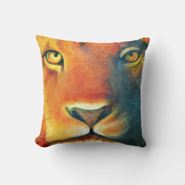 Colourful Lion Head Portrait Oil Painting Cushion (Front)