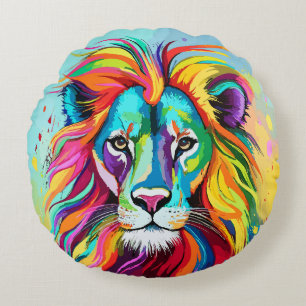 Colourful Lion Head Portrait Round Cushion