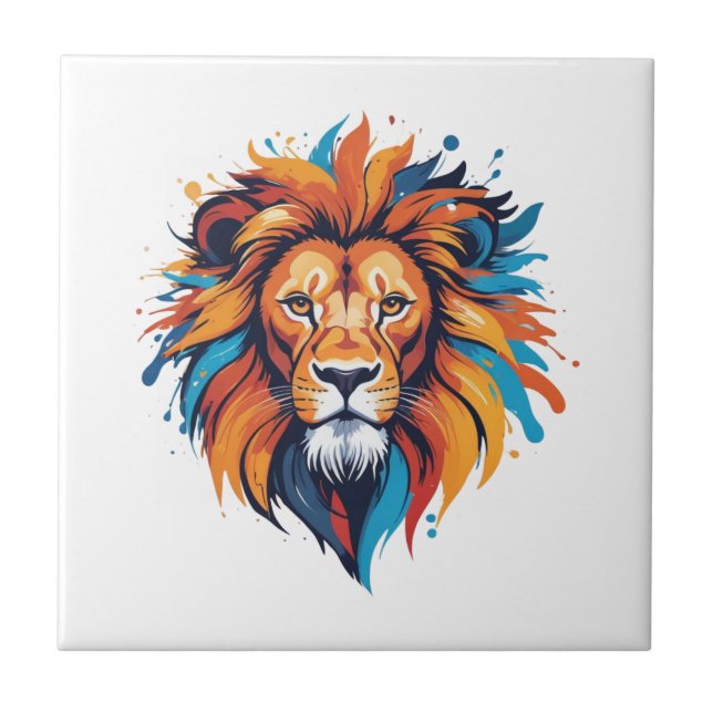 Colourful Lion Head Wall Art Ceramic Tile (Front)