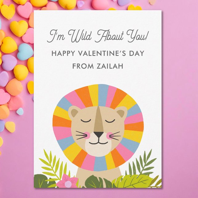 Colourful Lion Wild About You Kids Valentine’s Day Holiday Card (Creator Uploaded)