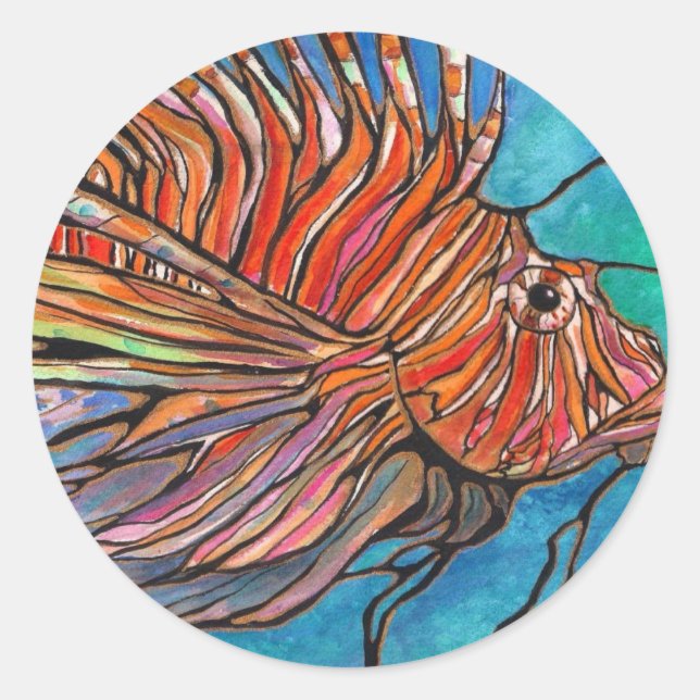 Colourful Lionfish "Stained Glass" Style Art! Classic Round Sticker (Front)