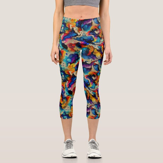 Colourful Liquid Ink Abstraction Pattern Capri Leggings (Front)